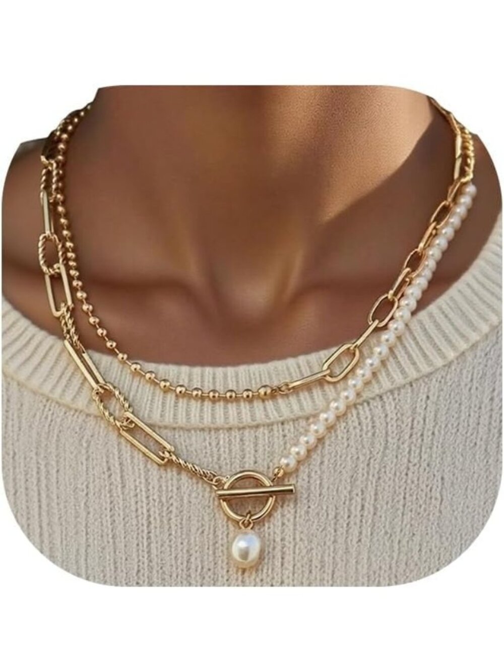 Women's Gold Chunky Pearl Layered Chain 14 Toggle Clasp Fashion Necklace